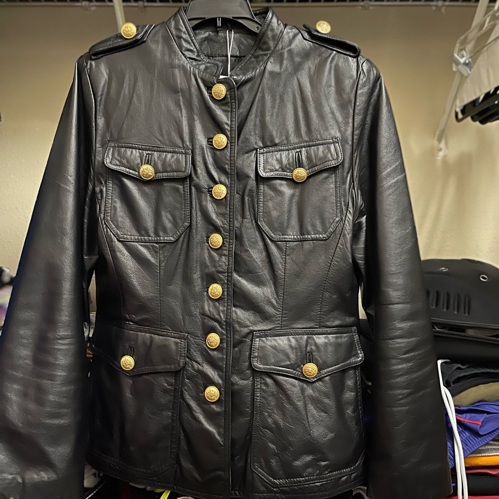 Wilson Black Leather Military Jacket with Gold Buttons